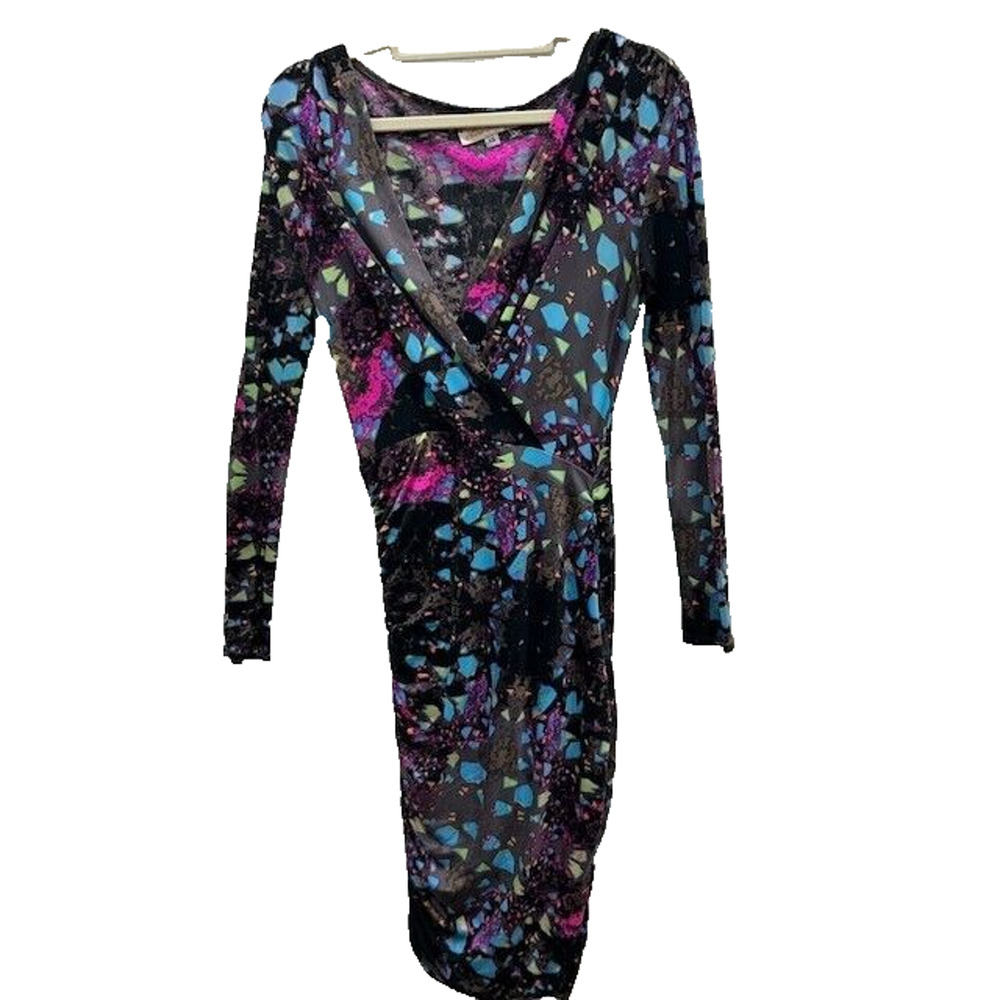 Mara Hoffman Womens Faux Wrap Dress Geometric Print Ruched Side Black Size XS